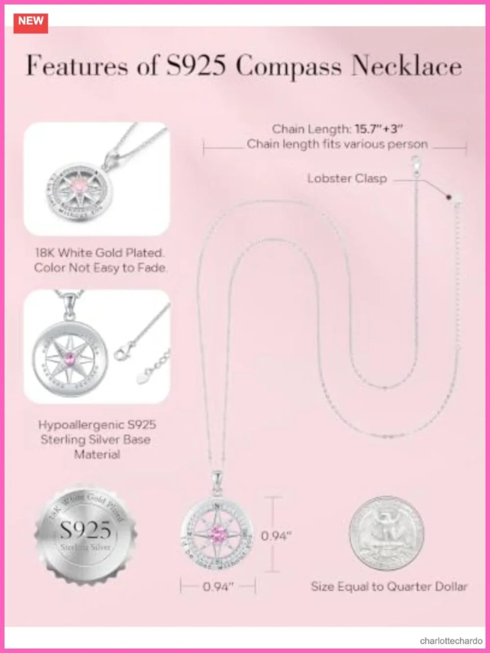 S925 Sterling Silver Compass Pendant Necklace Cubic Zirconia Anniversary Gift